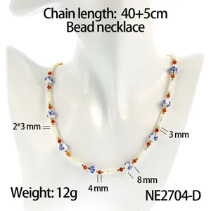 Detail view of Chinese style blue and white porcelain bead necklace, elegant clavicle chain.