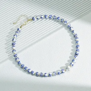 New Chinese blue and white porcelain bead necklace, elegant pearl clavicle chain.