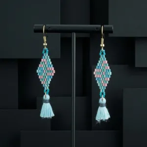 Bohemian beaded tassel earrings handmade colorful rhombus dangle earrings for women vacation.