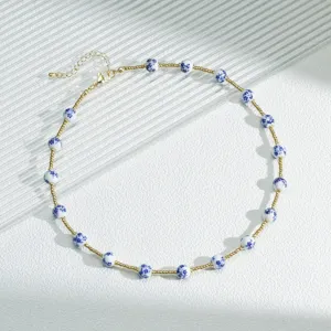 New Chinese blue white porcelain ceramic bead necklace, elegant floral clavicle chain detail.