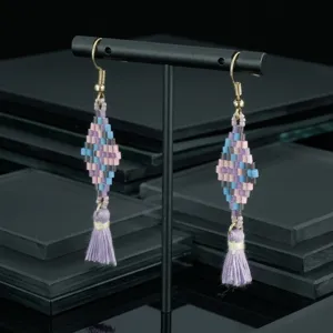 Handmade beaded tassel earrings bohemian diamond shape drop dangle earrings for women
