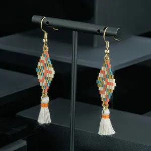 Handmade bohemian beaded tassel earrings, colorful geometric diamond dangle drop earrings for women.