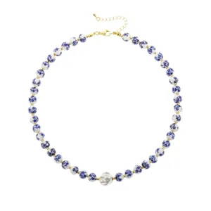 New Chinese blue and white porcelain ceramic bead necklace, elegant clavicle chain detail.