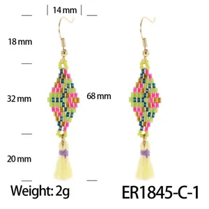 Bohemian seed bead tassel earrings handmade colorblock rhombus dangles vacation style jewelry