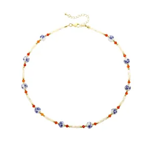 Neo-Chinese blue and white porcelain ceramic shell bead necklace, elegant floral chain.