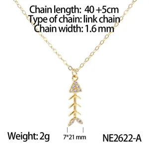 Collier arête de poisson doré avec zircon scintillant, délicate chaîne de clavicule en cuivre.