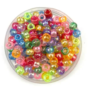 Colorful acrylic pony beads in barrel shape with large holes, perfect for DIY jewelry and crafts.