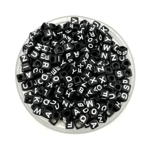Black square alphabet beads detail shot, acrylic letter beads with large holes for DIY crafting.