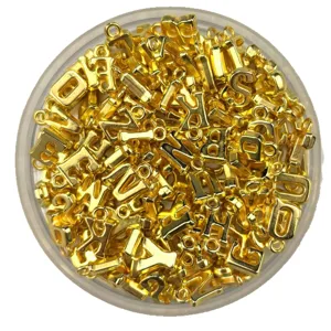 Gold metal alphabet letter charms bulk set in container top view for DIY jewelry making crafts
