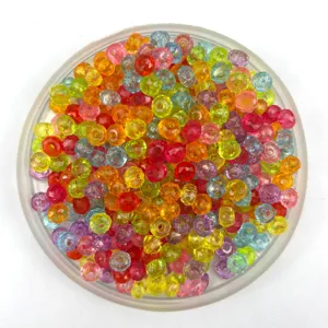 Colorful faceted acrylic wheel beads detail, transparent 6mm crystal craft beads for DIY jewelry.