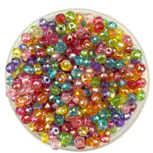 Close-up detail of 6mm colorful faceted acrylic crystal wheel beads with AB finish for DIY crafts.