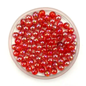 Detail view of 6-10mm red AB color transparent acrylic round beads for DIY handmade jewelry making.