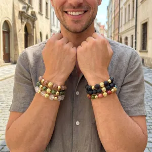 Men's multi-layer gemstone and lava stone beaded bracelet retro minimalist fashion accessory