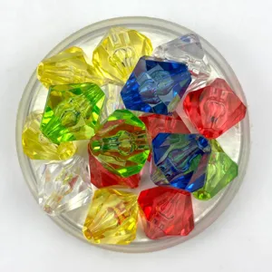 Close-up of 14mm acrylic transparent multi-faceted beads, colorful DIY jewelry parts.