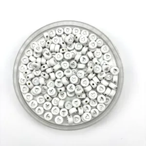 White acrylic flat round beads with silver heart pattern, ideal for DIY handmade bracelets.