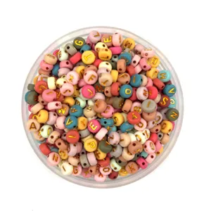 Colorful acrylic round letter beads with gold English alphabet, ideal for kids DIY jewelry making.