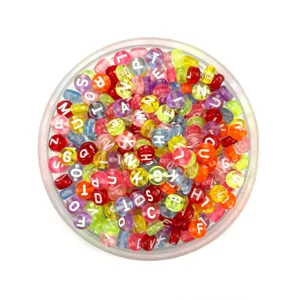 Colorful acrylic alphabet beads detail shot, translucent letter beads for DIY handmade craft.