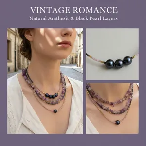 Detailed view of the layered natural amethyst and black pearl necklace with delicate beads.