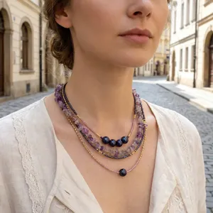 Detail view of natural amethyst stone and pearl multi-strand beaded clavicle chain necklace.