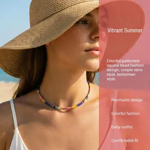 Farbige Perlen Choker Halskette im Bohemien Stil quadratische Perlen Strandurlaub Schmuck