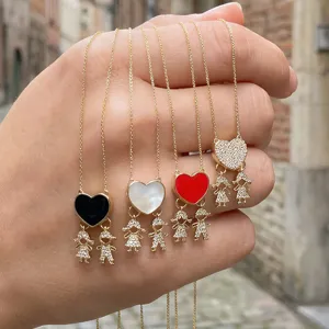 Fashion Copper Rhinestone Heart Pendant Necklace For Couples Euro American Style Fine Chain Enamel Boy Girl Character Necklace Daily Decorative Jewelry Gift