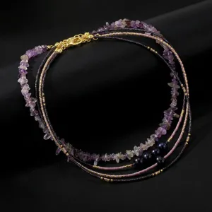 Natural amethyst crushed stone multi layer beaded necklace retro light luxury jewelry item