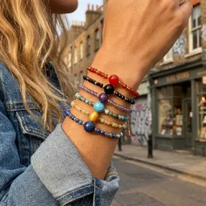 Solar system gemstone beaded bracelet set, stylish handmade multilayer stackable wrist jewelry.