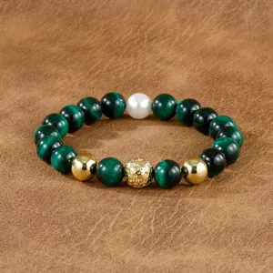 Vintage green gemstone beaded bracelet with gold and white accents for men retro chic style