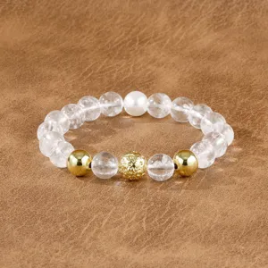 Crystal beaded bracelet detail, featuring clear stones and gold metallic accents for men.