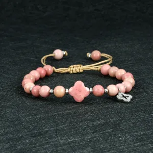 Dames mode gevlochten kralen armband met roze stenen verstelbare klaverblad bedel
