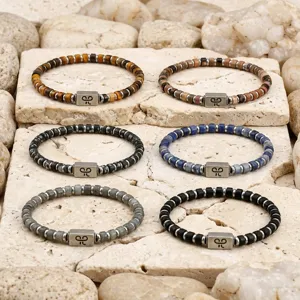 Stijlvolle 4mm natuursteen kralen armband set voor heren, prachtig metaal tag sieraad.