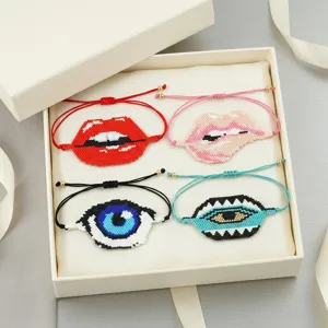 Set di bracciali in perline Miyuki fatti a mano con ciondoli occhi e labbra regolabili eleganti.