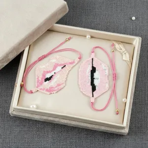 Bracciali di perline Miyuki labbra, gioielli con cordino intrecciato rosa regolabile donna.