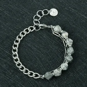 Gedetailleerd overzicht van de trendy halfedelstenen armband met een liefdeshangertje.