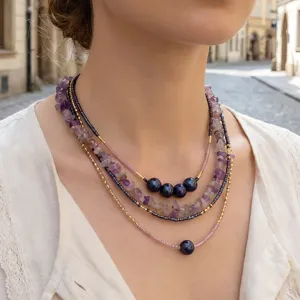 Vintage Semi-Precious Stone Natural Amethyst Gravel Beaded Choker Necklace For Women Artificial Pearl Miyuki Seed Bead Necklace Retro Choker Jewelry Gift