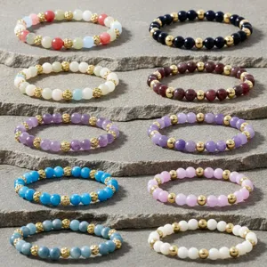 Vintage halfedelsteen kralen stretch armband voor koppels, stijlvolle stenen sieraden.