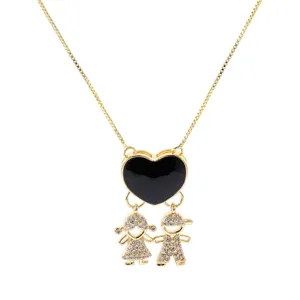 Cute gold-plated necklace featuring a black heart pendant and adorable boy girl crystal charms.