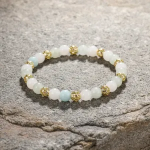 Vintage halfedelsteen kralen armband detailweergave, comfortabele elastische stijl.