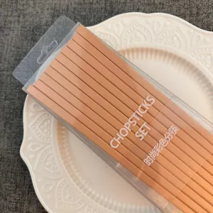 Vista dettagliata del set di bacchette in lega marrone chiaro in scatola di plastica trasparente.