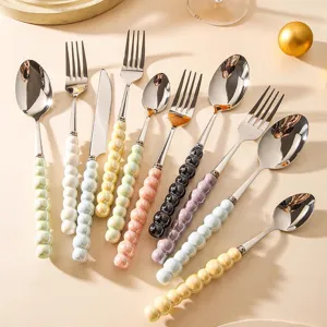 Luxury stainless steel cutlery set with colorful pearl bead handles, flatware set for home dining