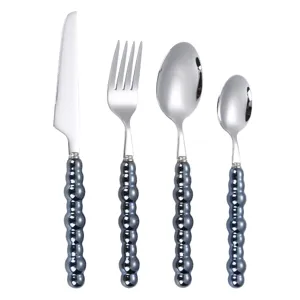 Stainless steel cutlery set with pearl-like beaded handle, modern table knife fork spoon 4pcs