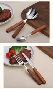 Japanese style stainless steel cutlery set with wooden handle knife fork spoon for dining table