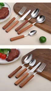 Detailed view of Japanese style stainless steel cutlery set with elegant wooden handles, fine design.