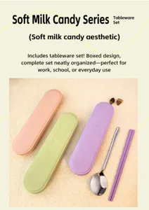 Nahaufnahme Detail des tragbaren Bestecksets mit buntem Etui, Löffel und Essstäbchen.
