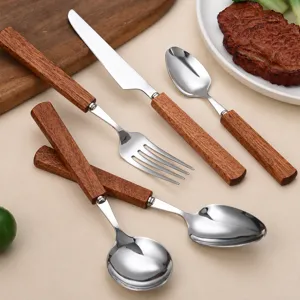 Japanese style wooden handle stainless steel flatware knife fork spoon dining set for kitchen.
