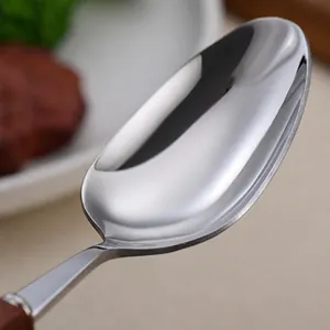 Japanese style wooden handle 304 stainless steel dessert spoon, polished edge tableware.