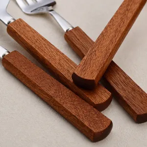 Japanese style wooden handle stainless steel flatware knife fork spoon set kitchen tableware