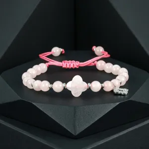Roze kristal klaver gevlochten armband voor vrouwen, verstelbare gelukssieraden cadeau.
