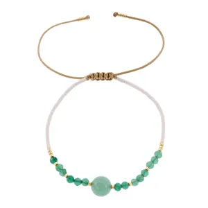 Handmade adjustable woven beaded bracelet with green stone and Miyuki seed beads for women.