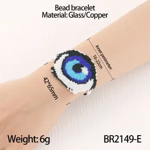 Bracciale di perline occhio diabolico in vetro e rame regolabile circonferenza 16-22cm.
